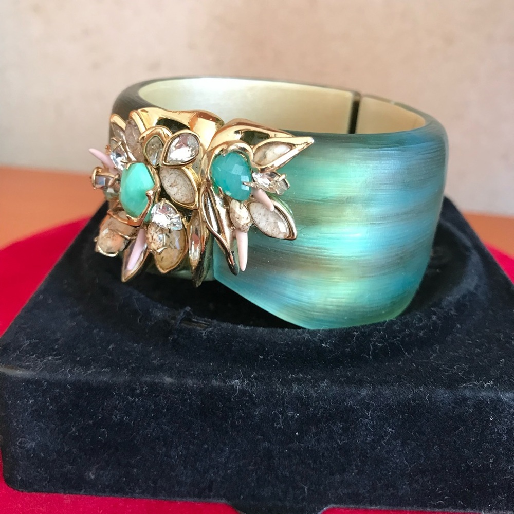 Alexis Bittar Green lucite with Crystal & Gems Floral Hinged Bracelet. Like new